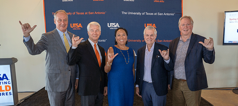 Alvarez is pictured with (left to right:) UTSA President Taylor Eighmy, co-chair Sam Dawson, co-chair Nancy Kudla and co-chaor Graham Weston.