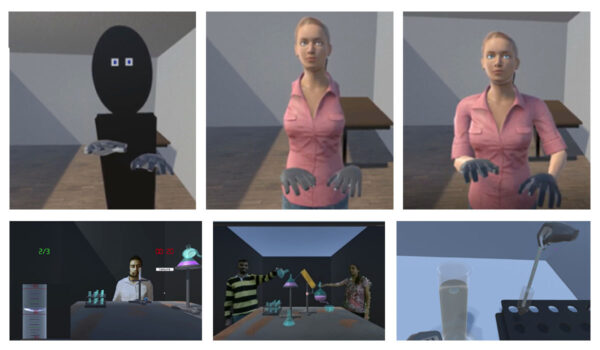 Six images show examples of low and high-fidelity avatars and VR labs.
