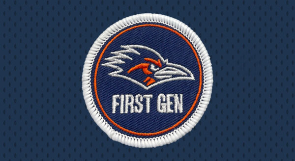 A circle with a roadrunner head and the words "First Gen."