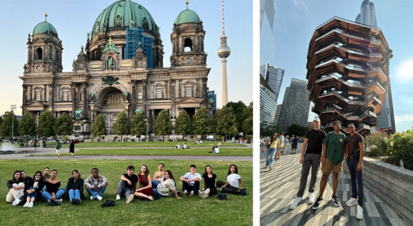 A group of people sits on grass before the Berlin Cathedral with the TV Tower in the background. Adjacent, three people stand near The Vessel in New York.