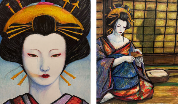 Two images of a geisha: left shows a close-up with intricate headdress and serene expression; right depicts her in a traditional setting.