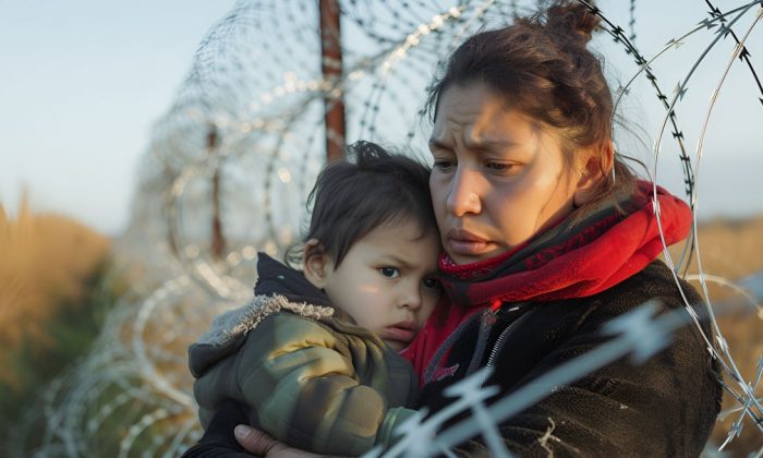 A distressed mother holds a baby outside of a barbed wire fence