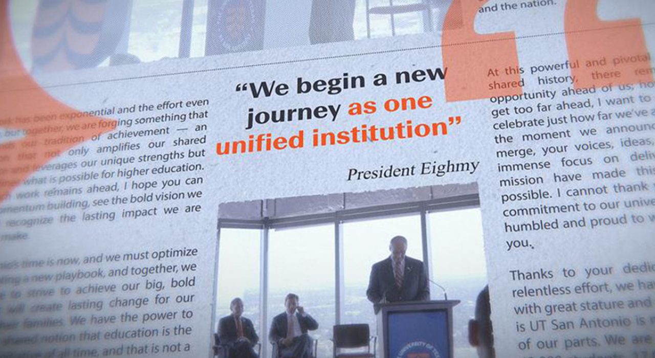 A newspaper clipping highlighting a quote from UT San Antonio President Taylor Eighmy