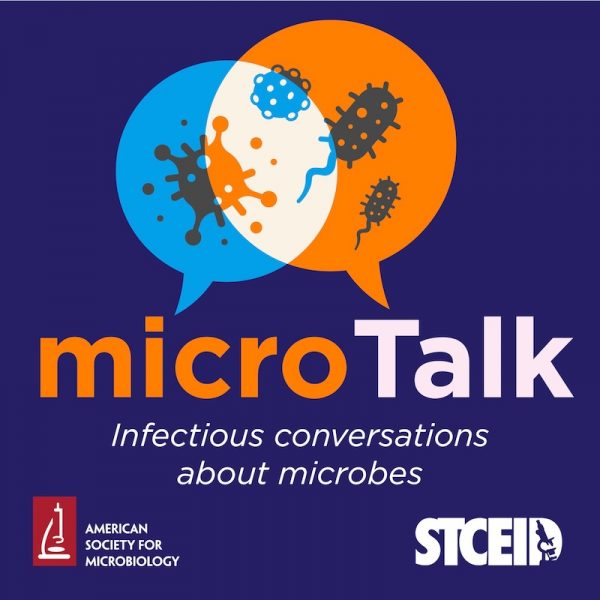 A dark blue background and speech bubbles with organisms in it. A podcast cover labeled "microTalk"