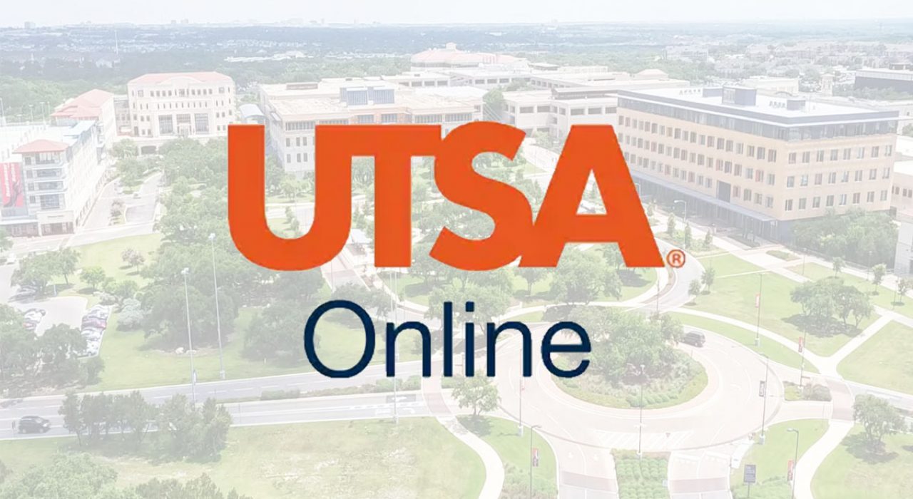 UTSA Online graphic over aerial photo of the UTSA Main Campus