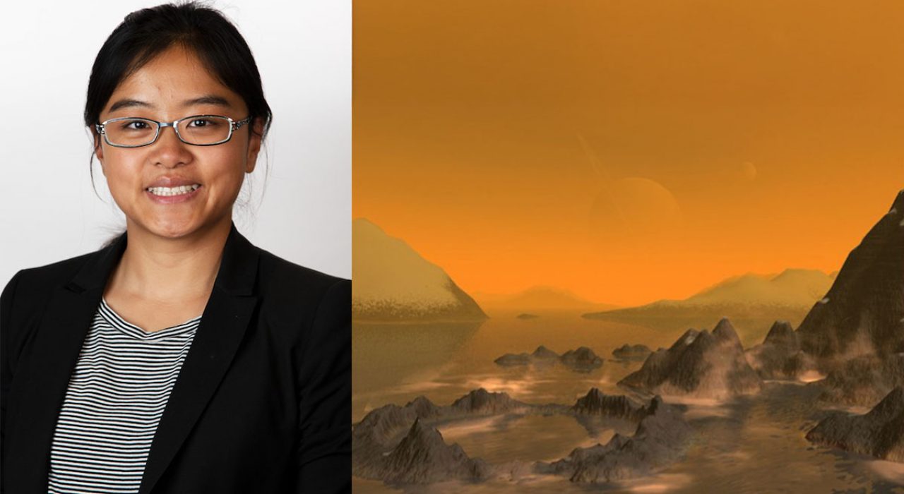 Xinting Yu on left; Titan's landscape on right