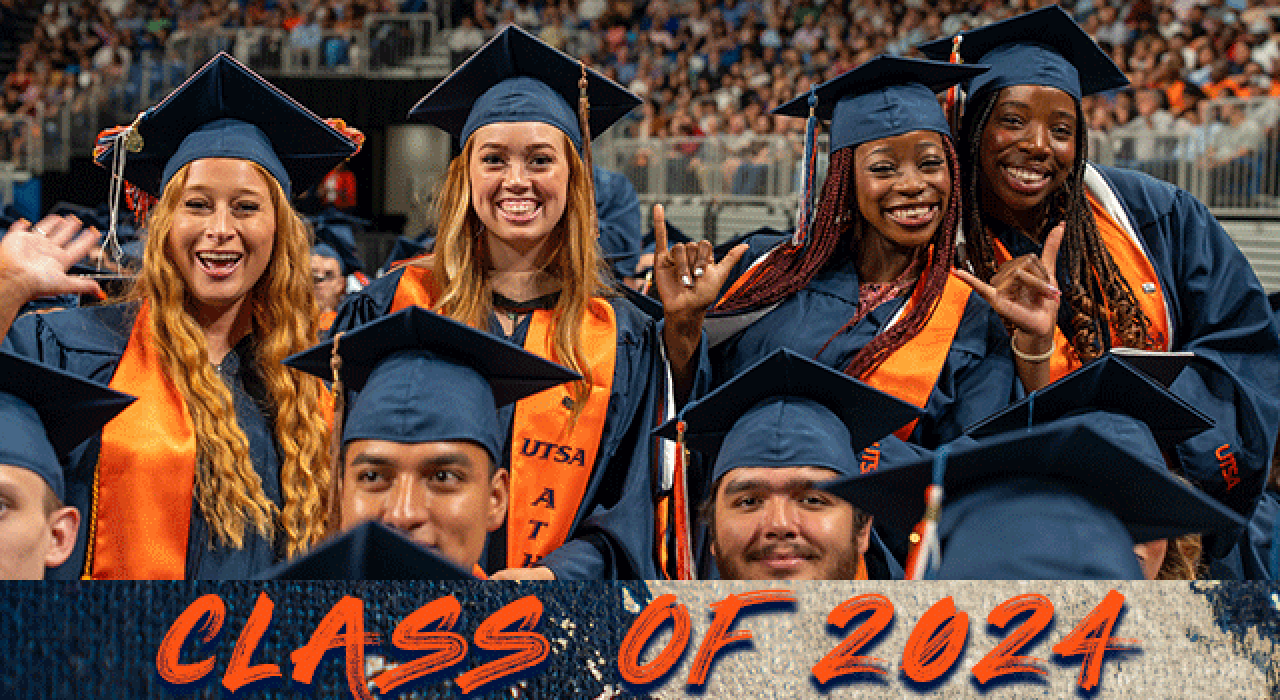 class-of-2024-traditions_780 This UTSA graduate is sporting a heavily decorated mortarboard and a first generation stole as she crosses the stage at Commencement.