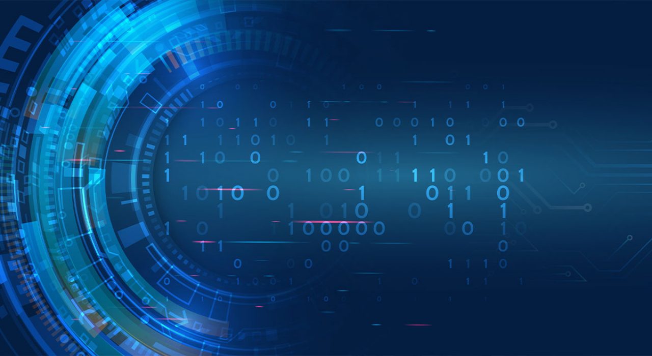 A blue illustration with different numbers to depict data science.