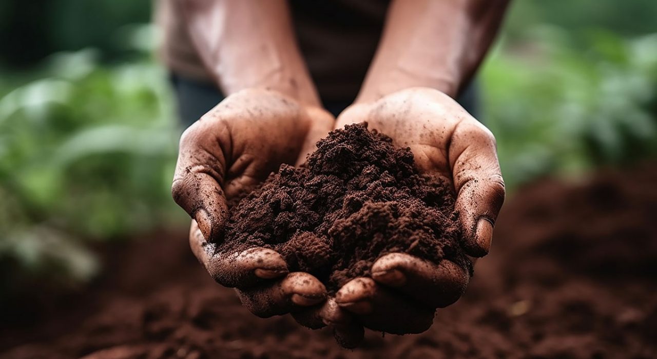 Two hands cupping a clump of rich, brown soil