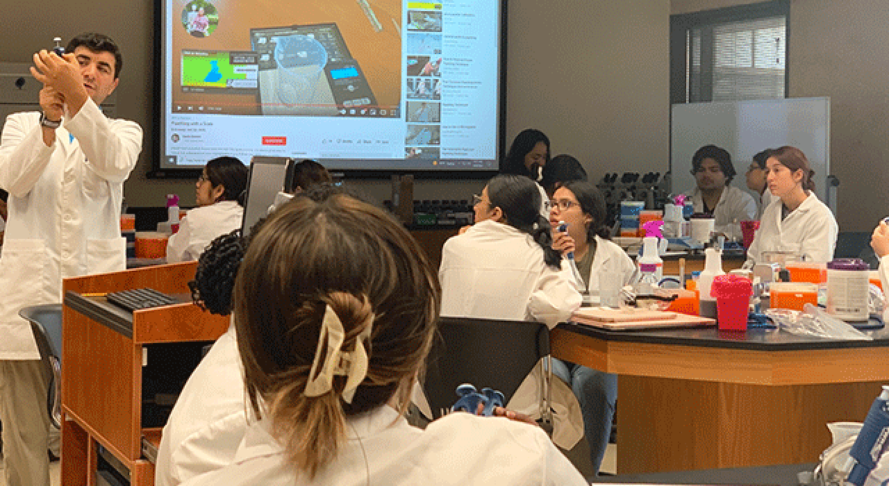 Ozturk's students prepare for their work studying the reaction of bacterial cultures to honey by practicing their precision and accuracy transferring food coloring dye with a micropipette.