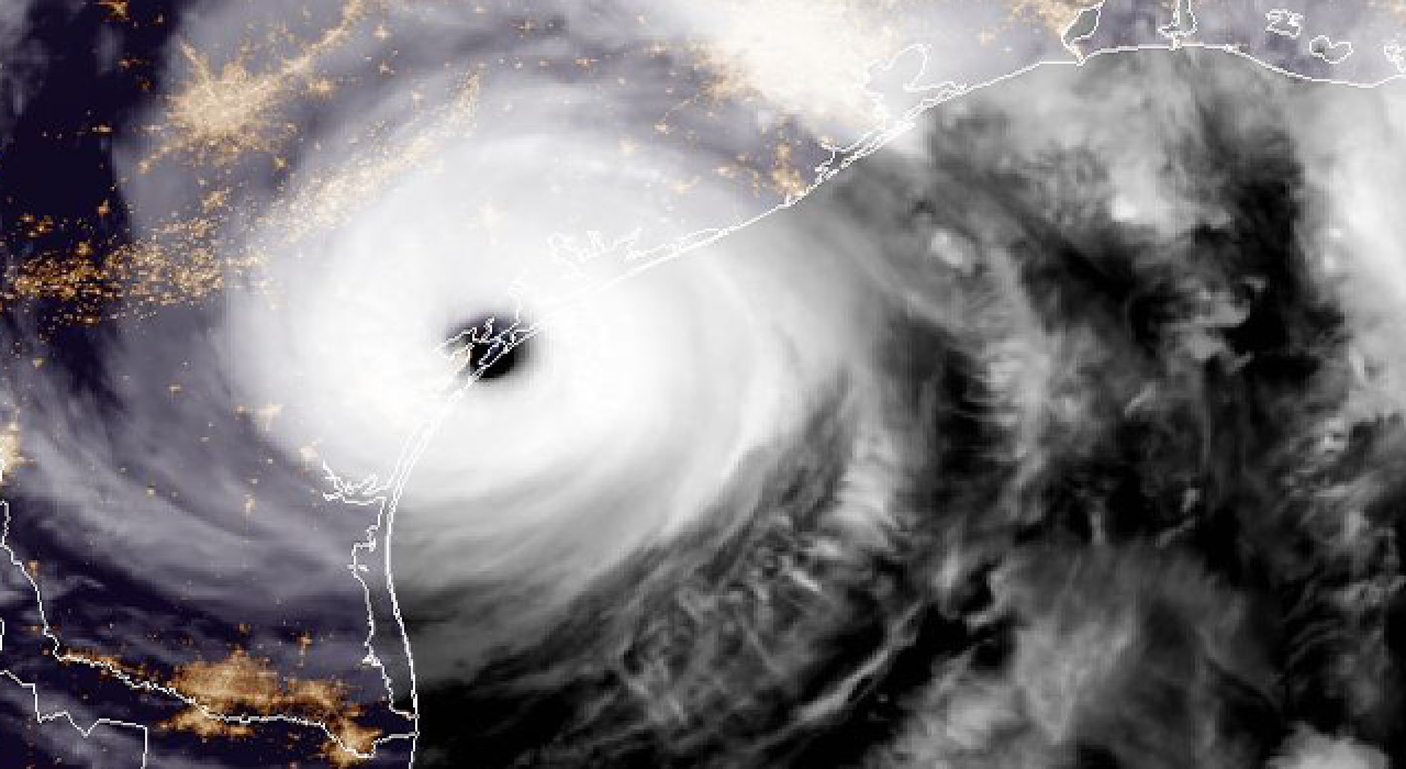 A satellite image of Hurricane Harvey making landfall on the Texas coast on August 25