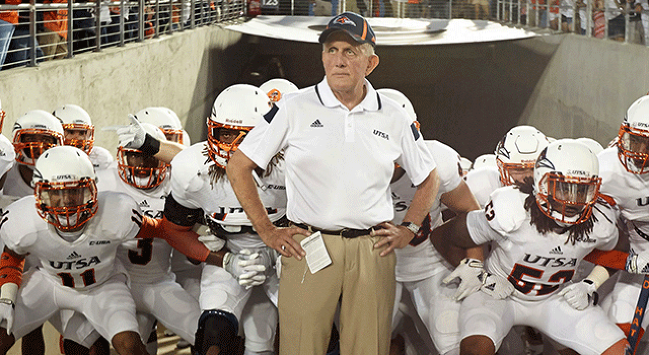 Former UTSA head football coach Larry Coker (left) and longtime UTSA supporter Red McCombs took this photo in September 2010 as UTSA Football was gearing up for its inaugural season in 2011.