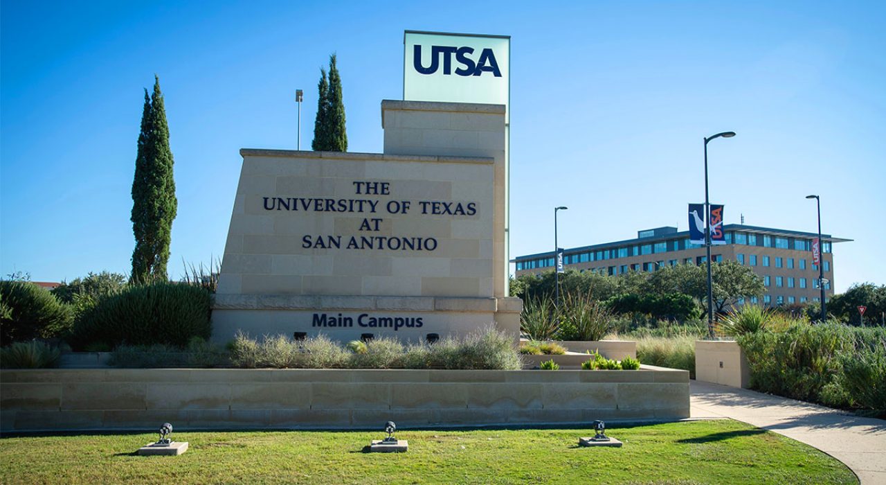 The UTSA Monument with the North Paseo Building in the background