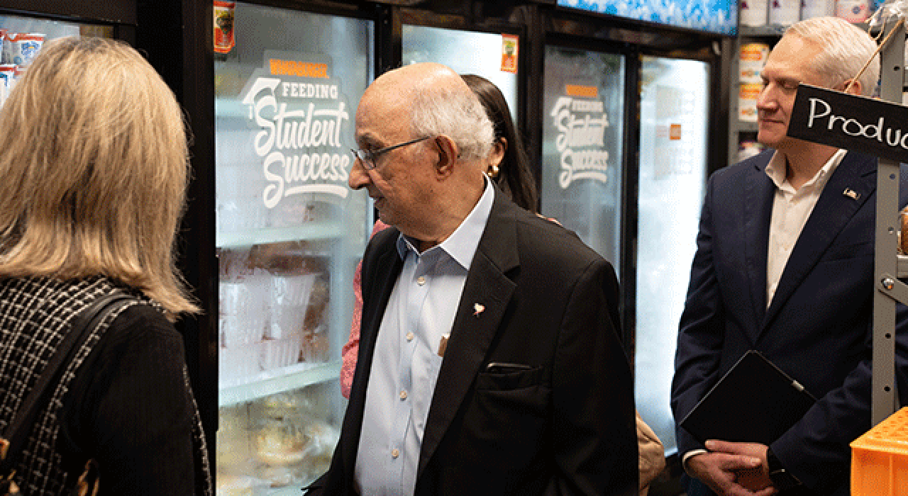 UTSA President Taylor Eighmy (left) thanked philanthropist Harvey Najim (right) for his generous gift Wednesday at the Student Union.