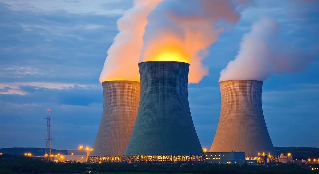 Three nuclear power plants structures with white smoke coming out.