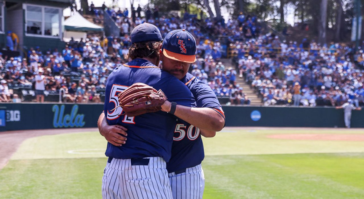 UTSA senior Braylon Owens (right) hugs Conor Myles (left) as he leaves the game after throwing the final pitches of his collegiate baseball career.