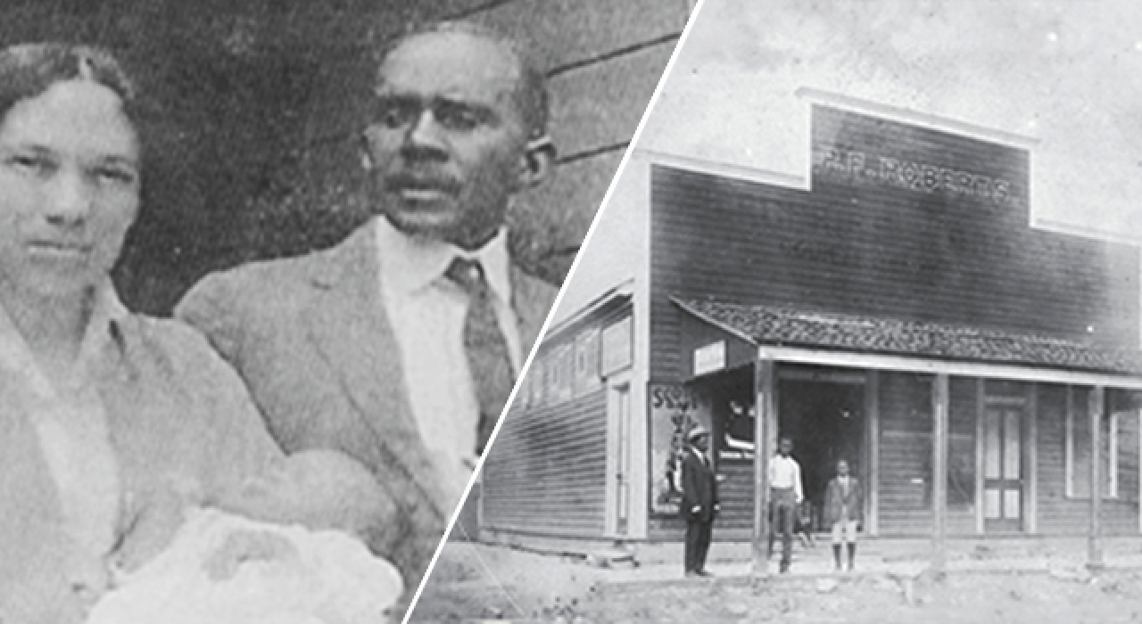 Left: P.F. Roberts and his wife, Ira, hold their only child, Henrietta. Right: P.F. Roberts stands in front of his grocery store at 301 Victoria St.—one of few African American-owned businesses in San Antonio in the early 1900s.