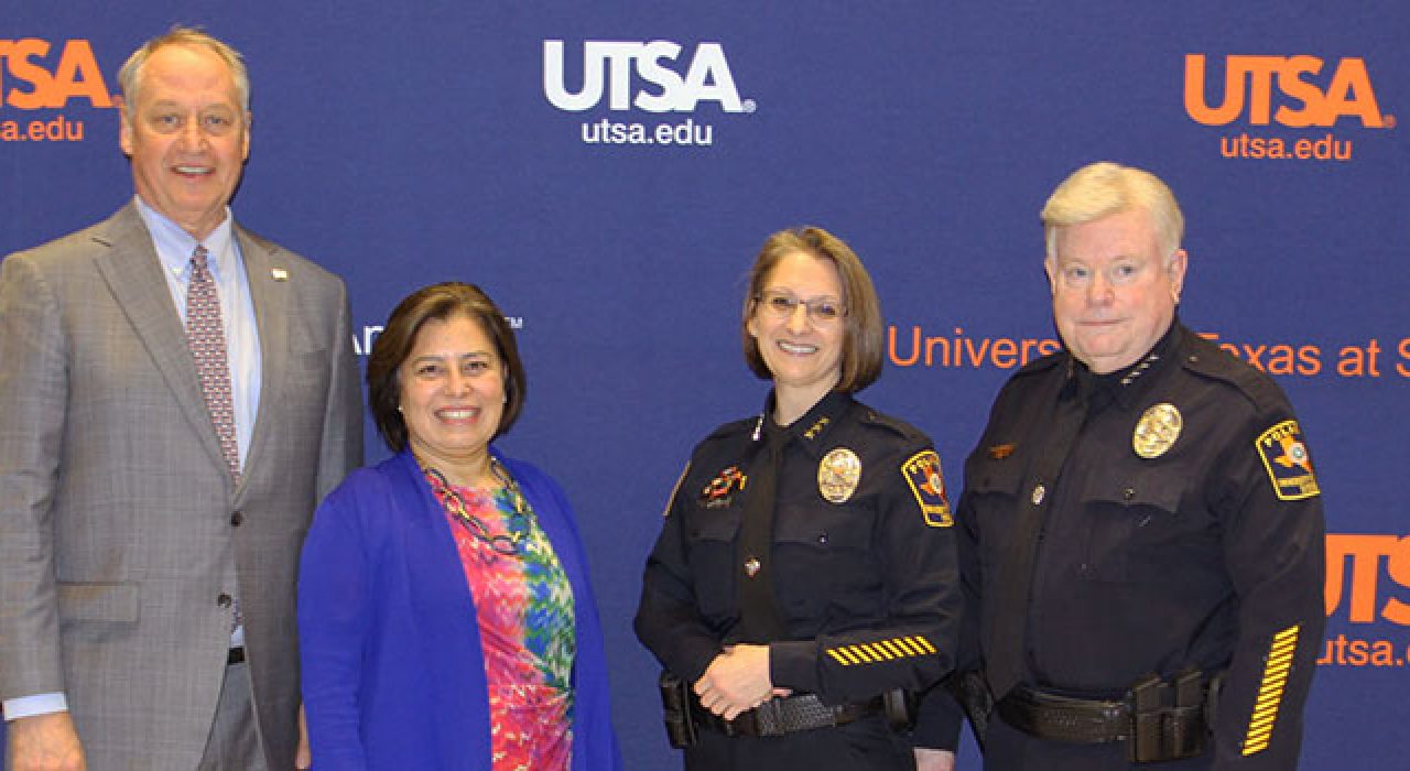 Director of Police for the UT System Michael J. Heidingsfield swears in the first female police chief for UTSA