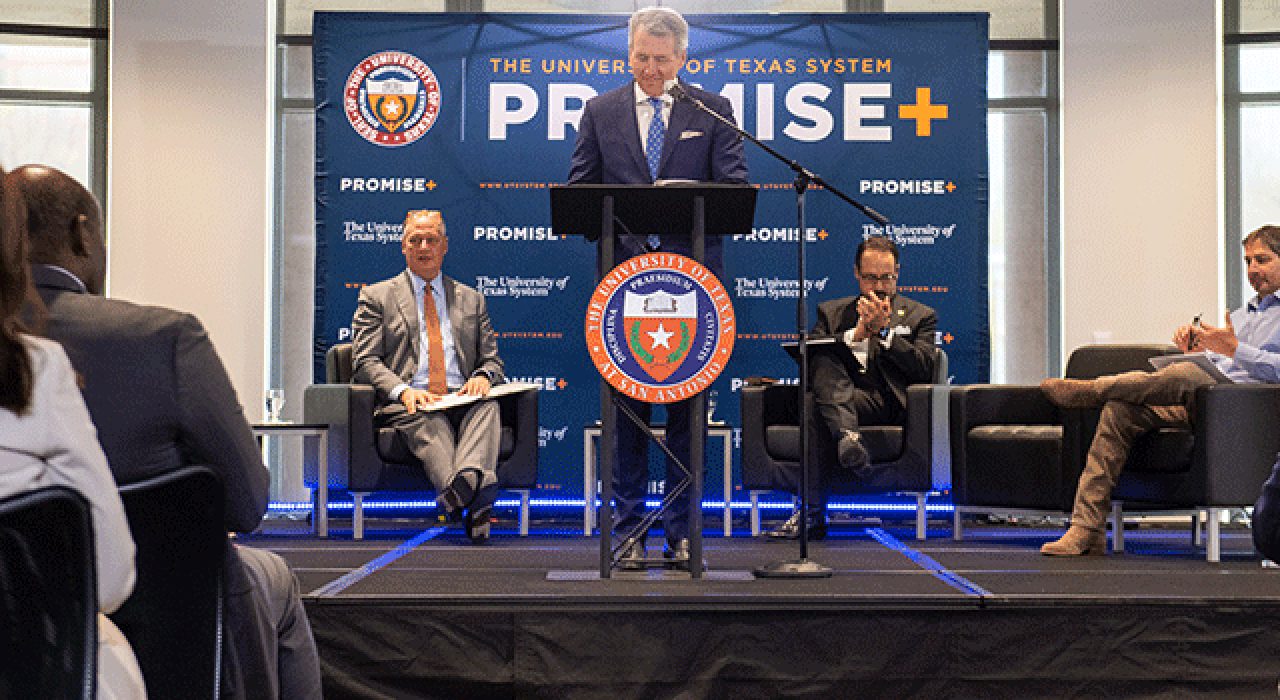 UTSA President Taylor Eighmy shared details about the Promise Plus program at a press conference at the Downtown Campus on March 14.