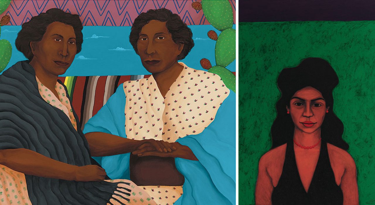 refined-reflections-art These images are of two paintings. The first features two women with shawls sitting side by side of each other. The second painting is of a woman in a black dress against a green background.