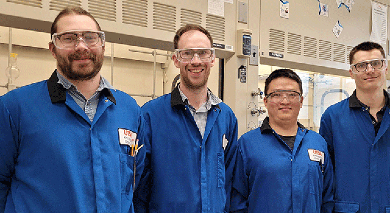 From left to right: Jacob Dalton, postdoctoral researcher; Christopher Sandford, assistant professor of chemistry; Jitao Xu, postdoctoral researcher; and Maksym Pavlenko, graduate student, are members of the Sandford Lab focusing on the design of new catalytic reactions.
